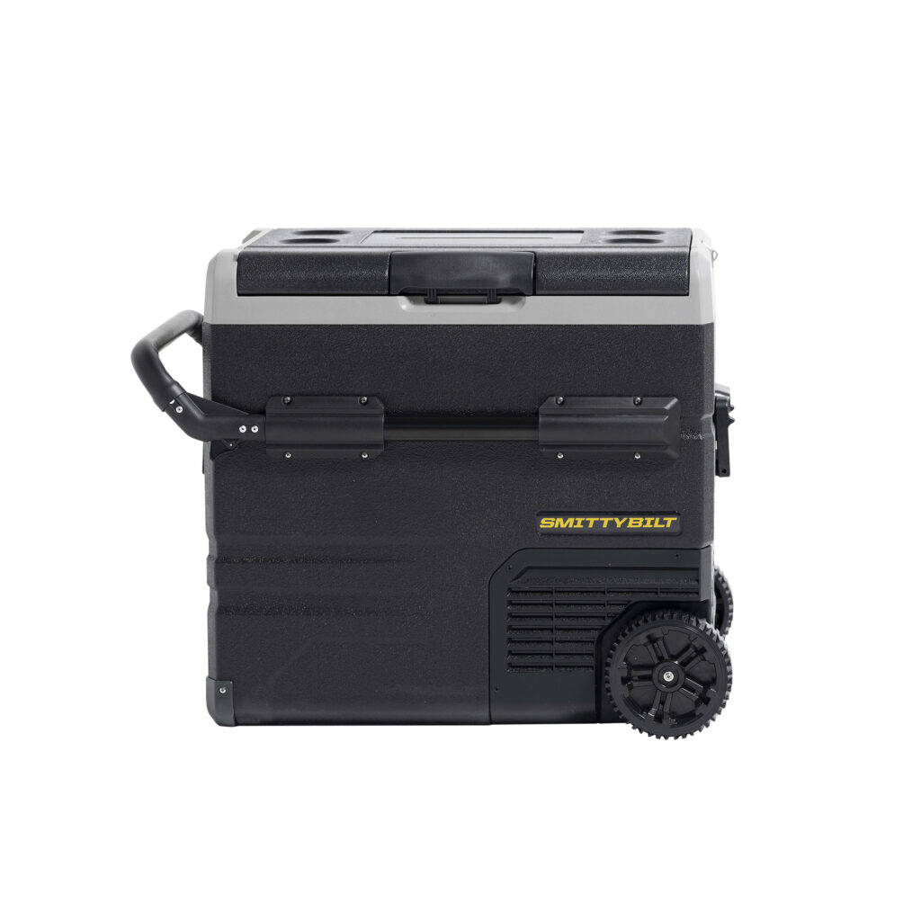 Smittybilt portable electric cooler with wheels, telescoping handle, and dual cup holders