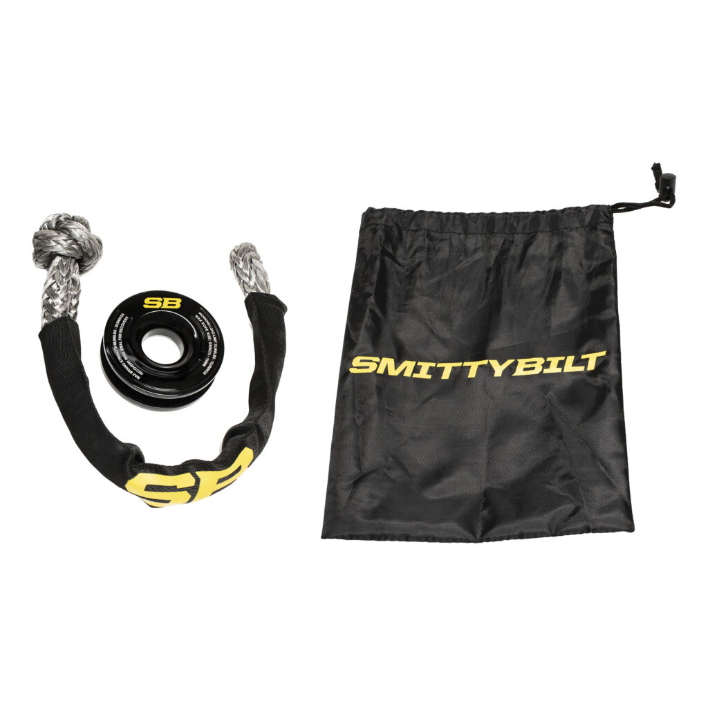 Smittybilt recovery pulley block with soft shackle and black drawstring storage bag