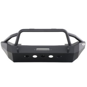 Front off-road bumper with tube guard, winch plate, and matte black finish