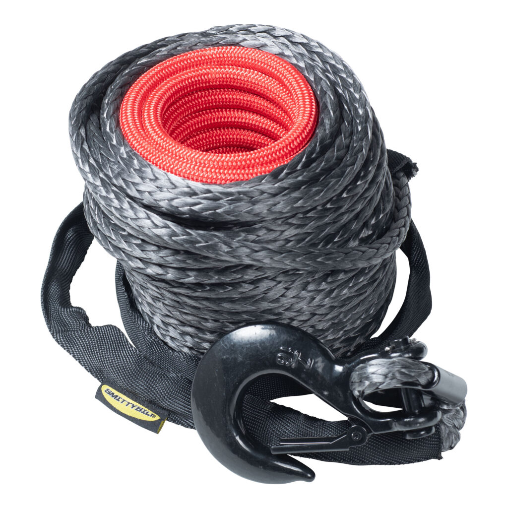 Smittybilt synthetic winch rope coiled with red inner wrap, black hook, and protective sleeve