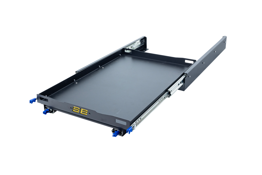 Sliding cargo tray with black steel platform, chrome rails, and blue locking clips