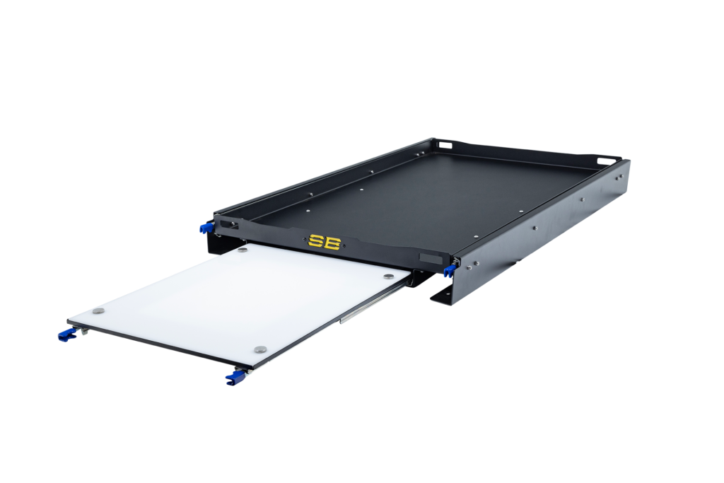 Sliding truck bed cargo tray with white HDPE cutting board drawer extension and blue locking clips
